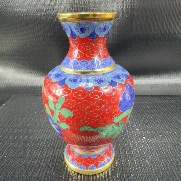 Vintage Chinese Cloisonne Vase Vessel Bud Vase Blue Red Bird Flowers Metal VTG - Picture 12 of 12